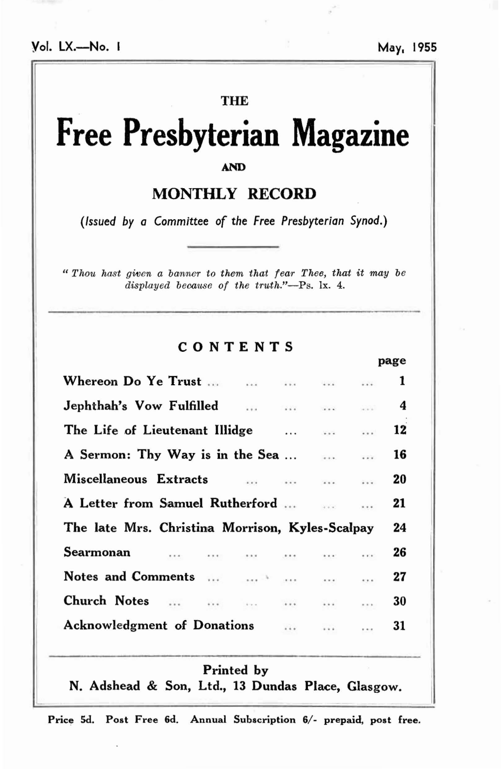 Free Presbyterian Magazine and MONTHLY RECORD (Issued by a Committee of the Free Presbyterian Synod.)