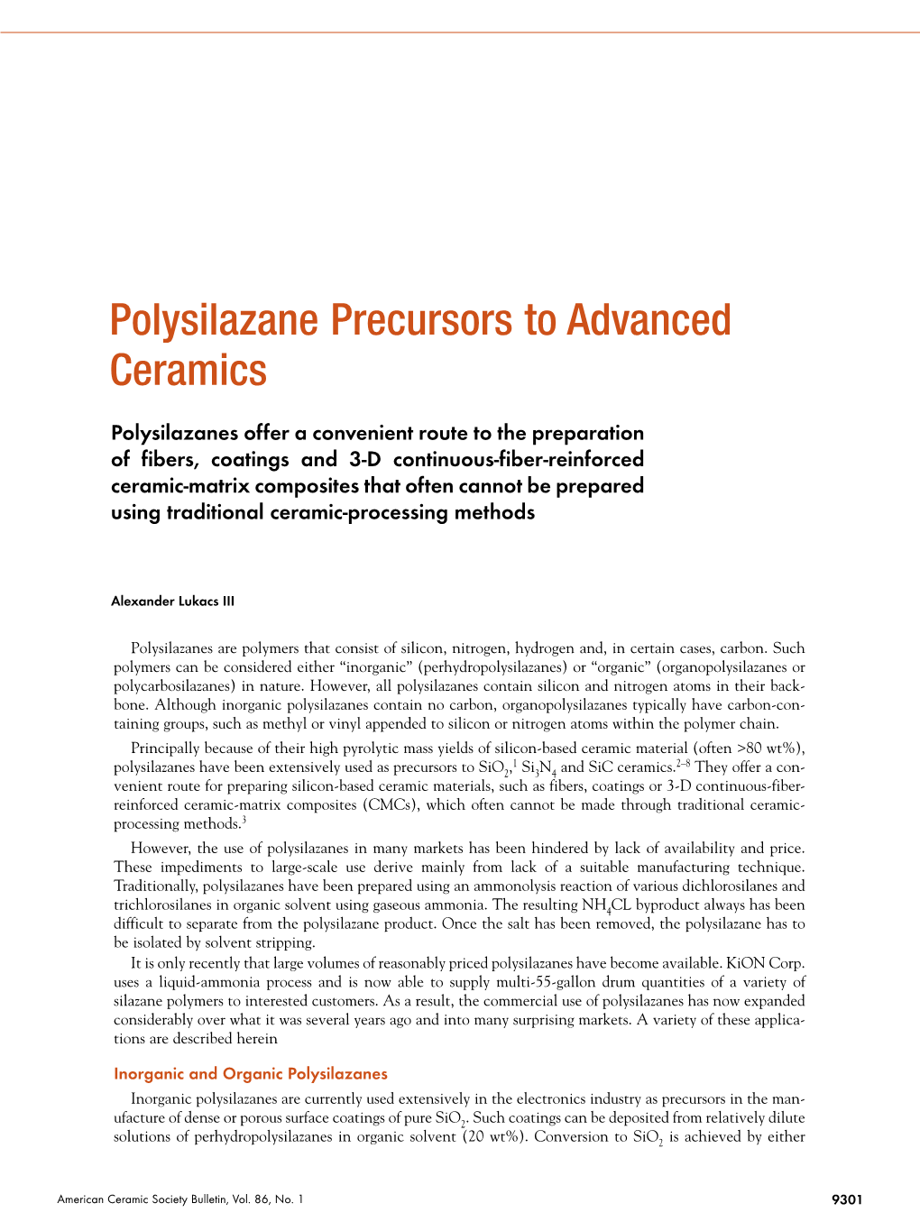 Polysilazane Precursors to Advanced Ceramics