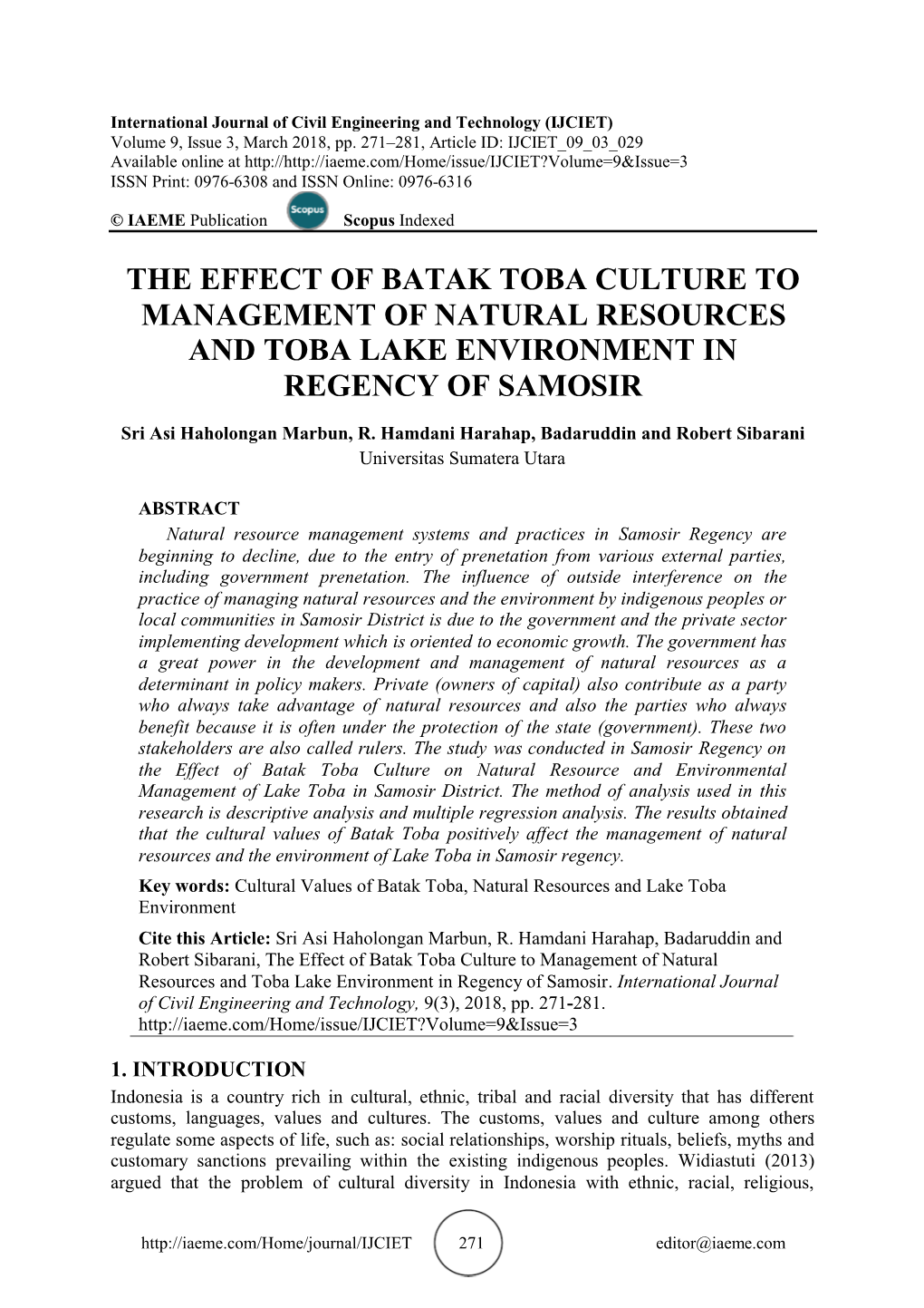 The Effect of Batak Toba Culture to Management of Natural Resources and Toba Lake Environment in Regency of Samosir