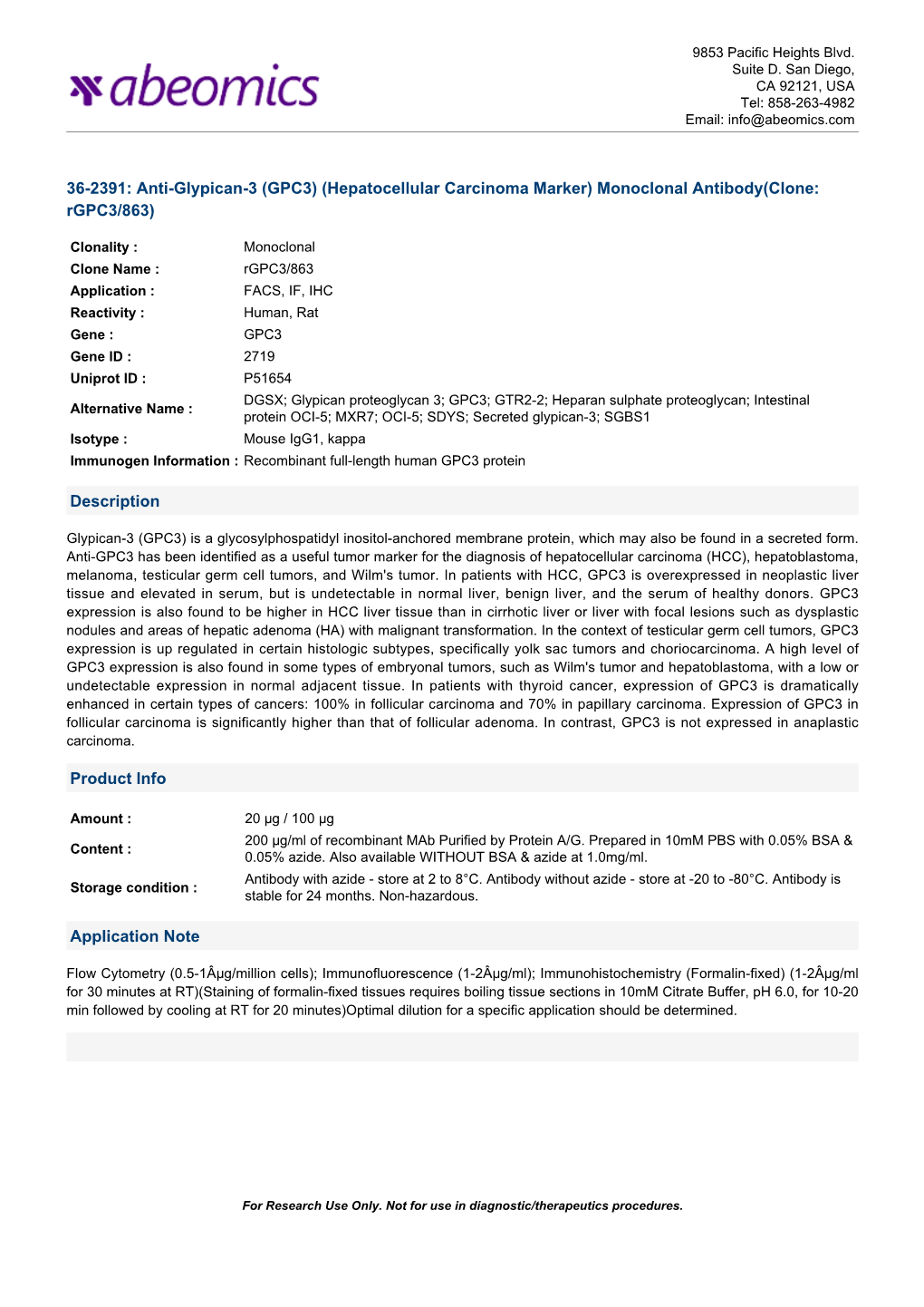 36-2391: Anti-Glypican-3 (GPC3) (Hepatocellular Carcinoma Marker) Monoclonal Antibody(Clone: Rgpc3/863)