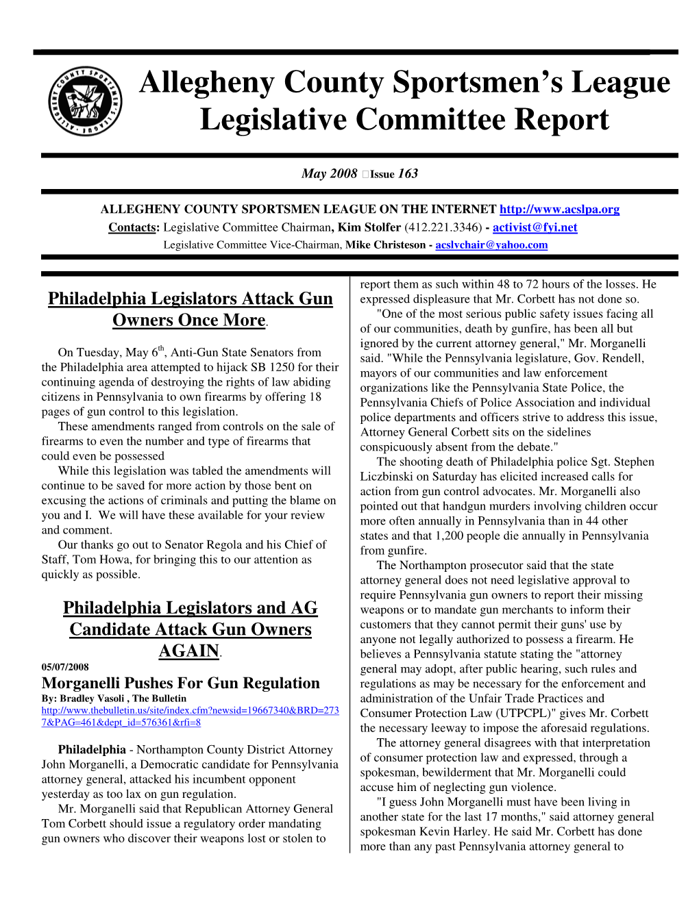 Allegheny County Sportsmen's League Legislative Committee Report