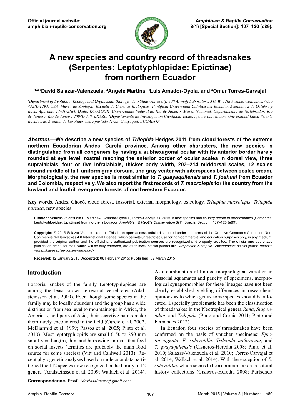 A New Species and Country Record of Threadsnakes (Serpentes: Leptotyphlopidae: Epictinae) from Northern Ecuador