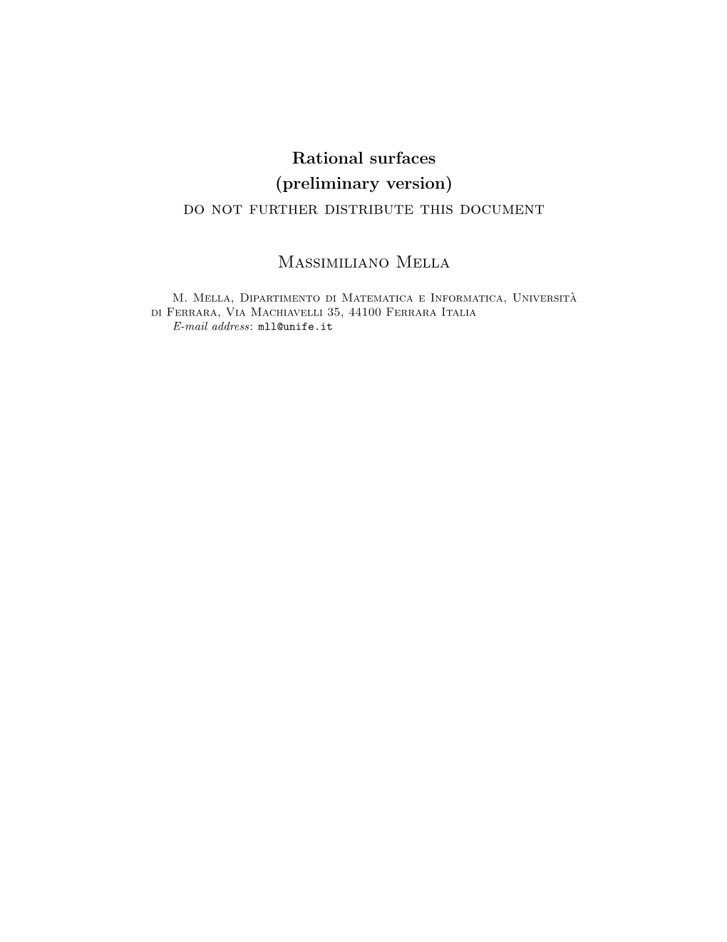 Rational Surfaces (Preliminary Version) Do Not Further Distribute This Document