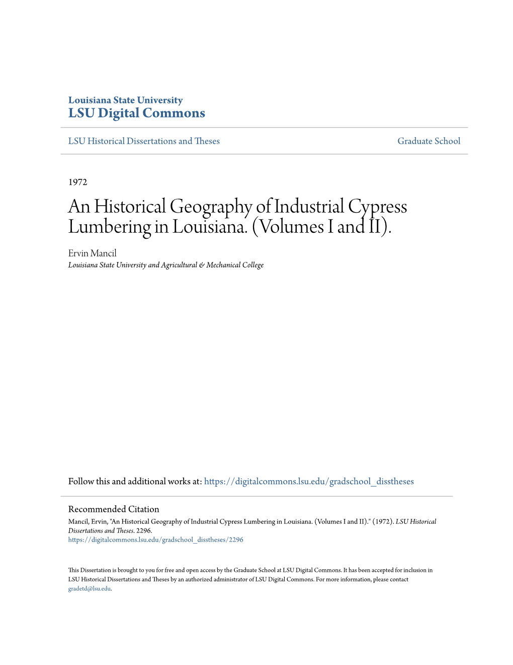 An Historical Geography of Industrial Cypress Lumbering in Louisiana