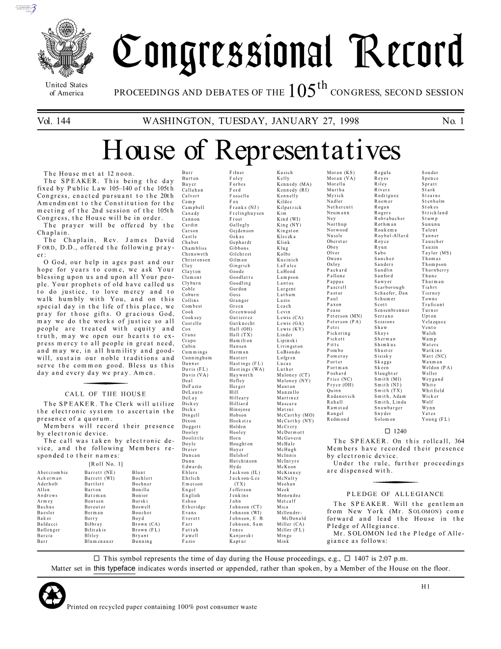 Congressional Record United States Th of America PROCEEDINGS and DEBATES of the 105 CONGRESS, SECOND SESSION