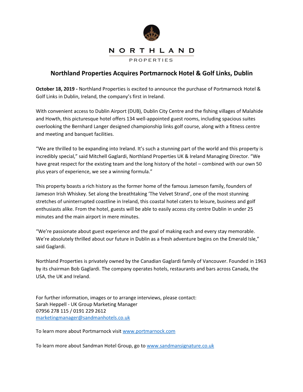 Northland Properties Acquires Portmarnock Hotel & Golf Links