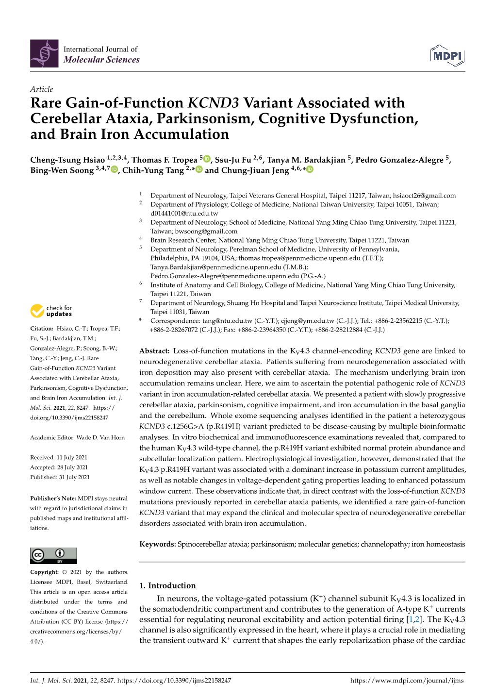 Rare Gain-Of-Function KCND3 Variant Associated with Cerebellar Ataxia, Parkinsonism, Cognitive Dysfunction, and Brain Iron Accumulation
