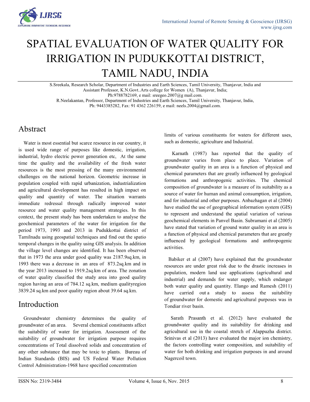 Spatial Evaluation of Water Quality for Irrigation in Pudukkottai District