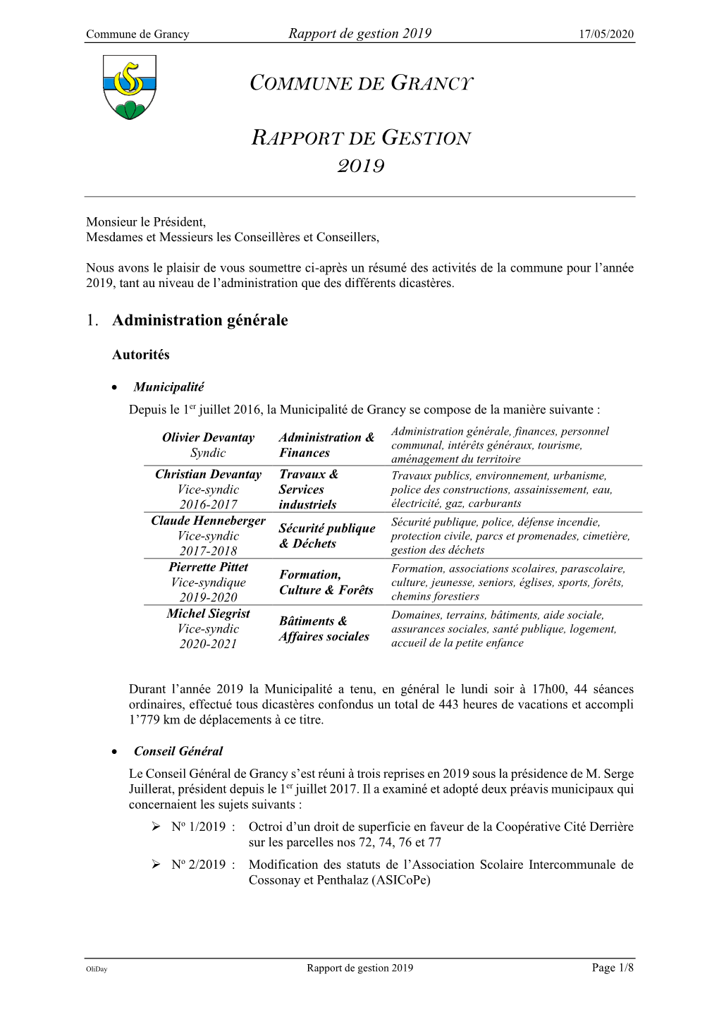 Rapport De Gestion 2019 17/05/2020