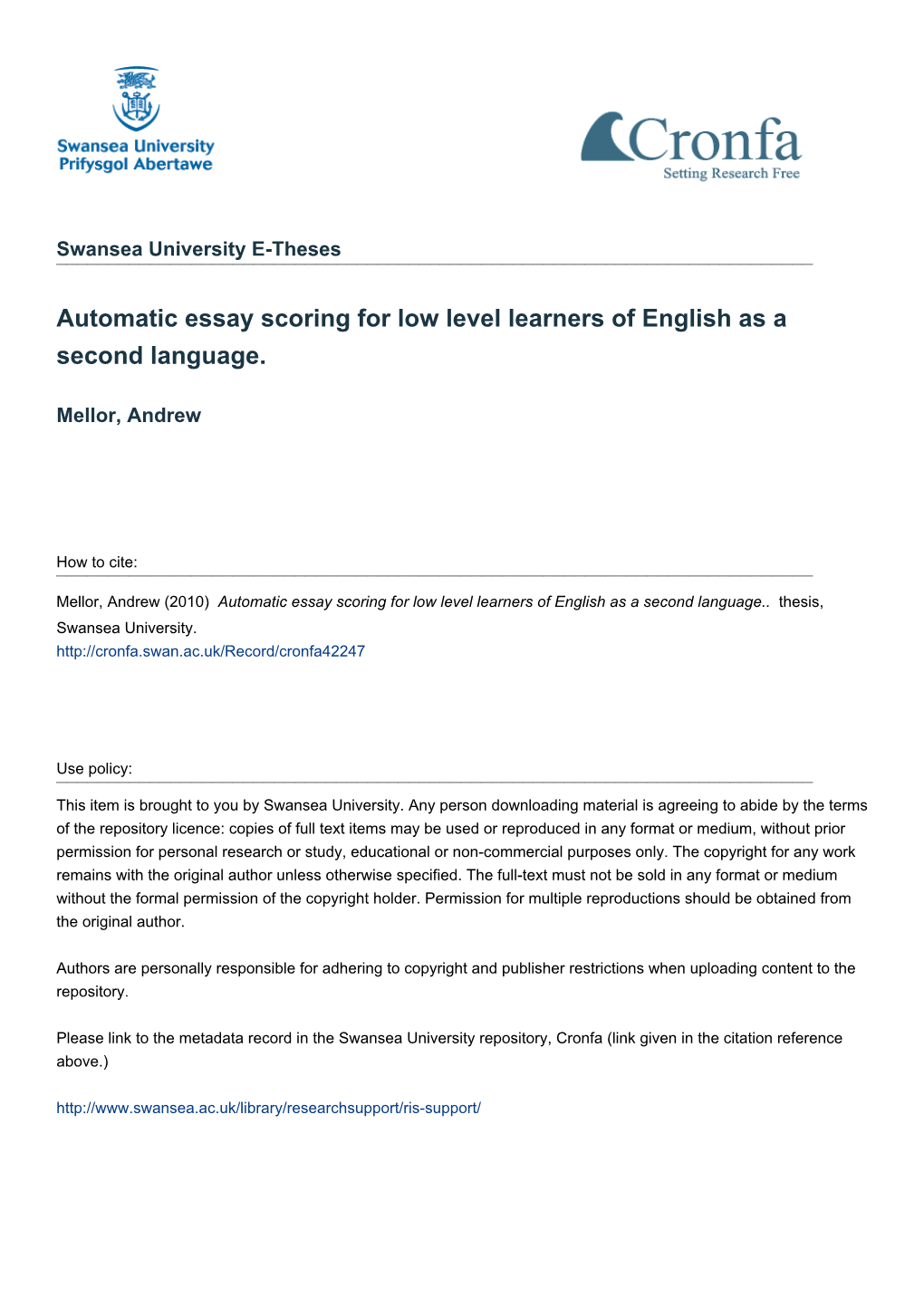 Automatic Essay Scoring for Low Level Learners of English As a Second Language