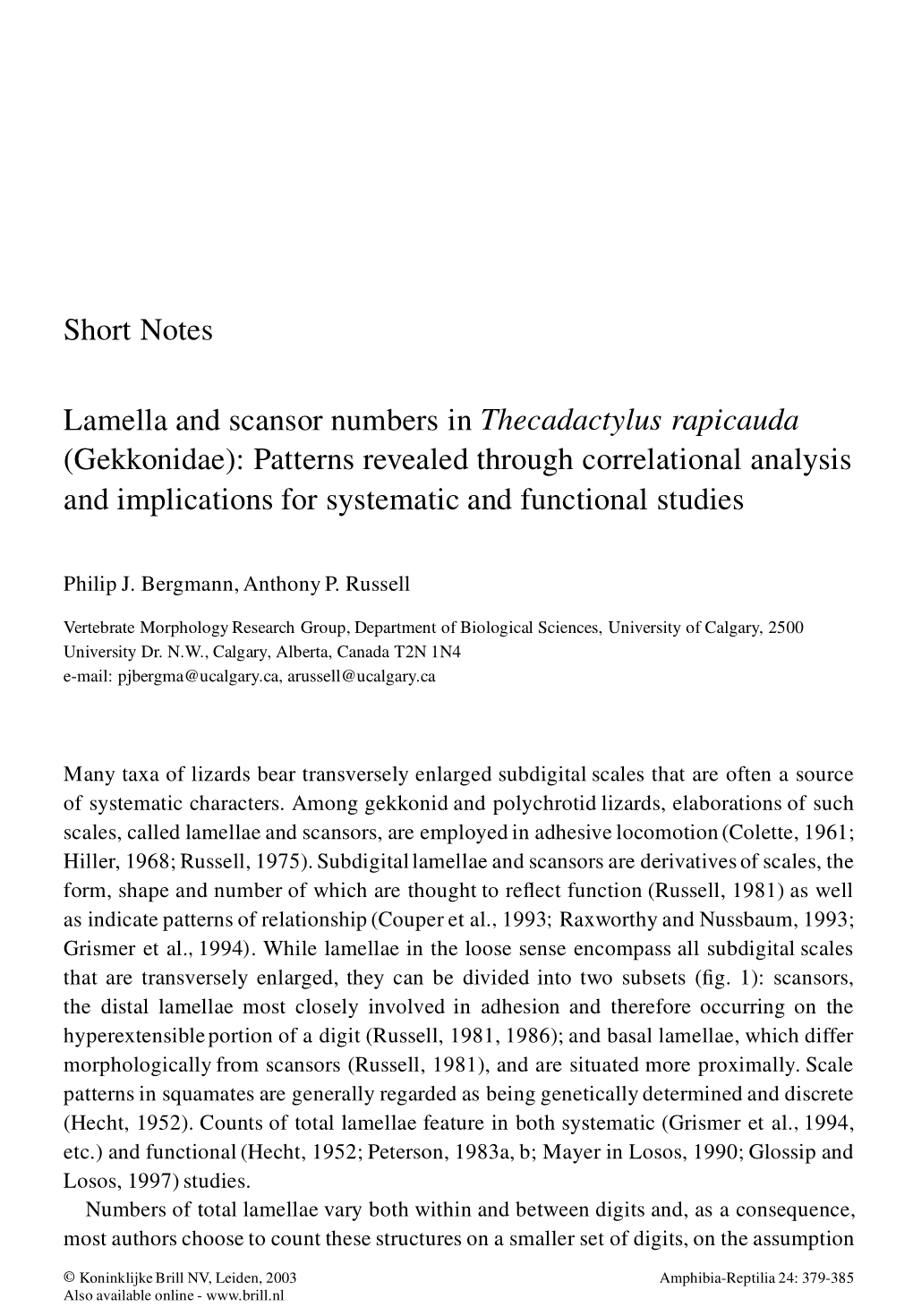 Lamella and Scansor Numbers in Thecadactylus Rapicauda (Gekkonidae): Patterns Revealed Through Correlational Analysis and Implic