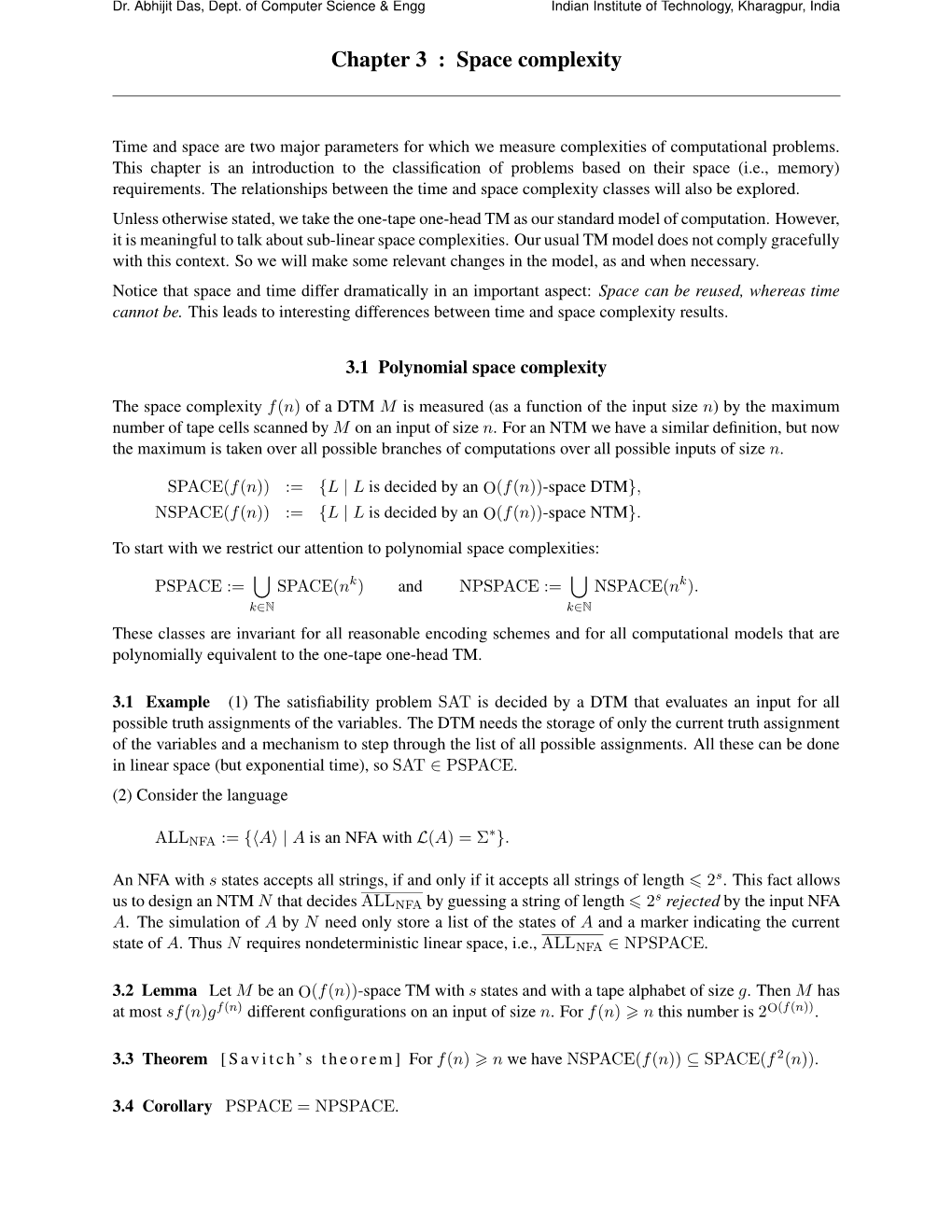 Chapter 3 : Space Complexity