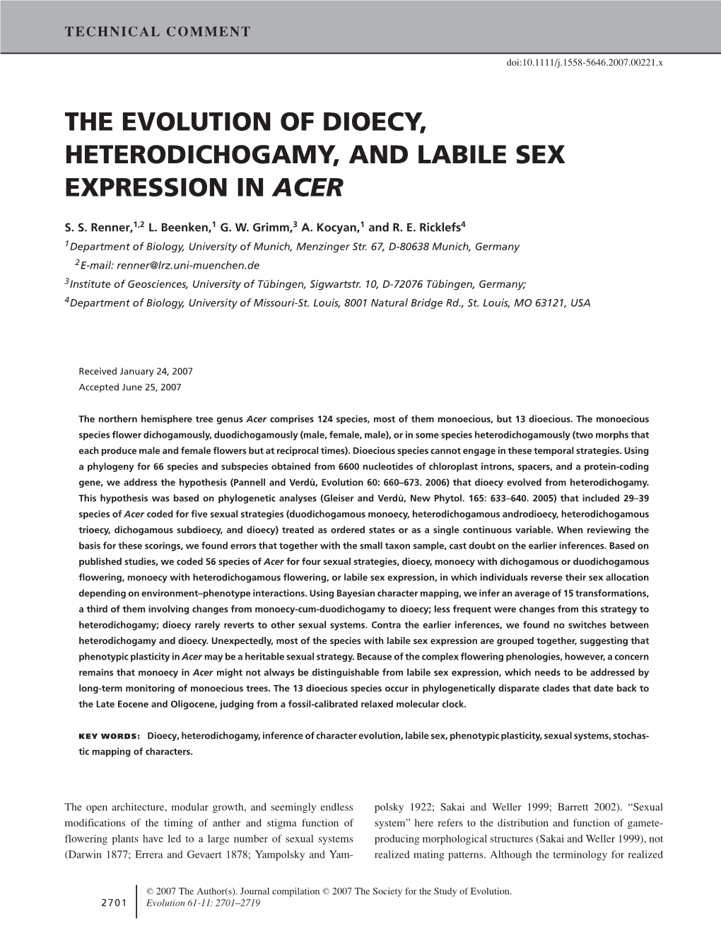 The Evolution of Dioecy, Heterodichogamy, and Labile Sex Expression in Acer