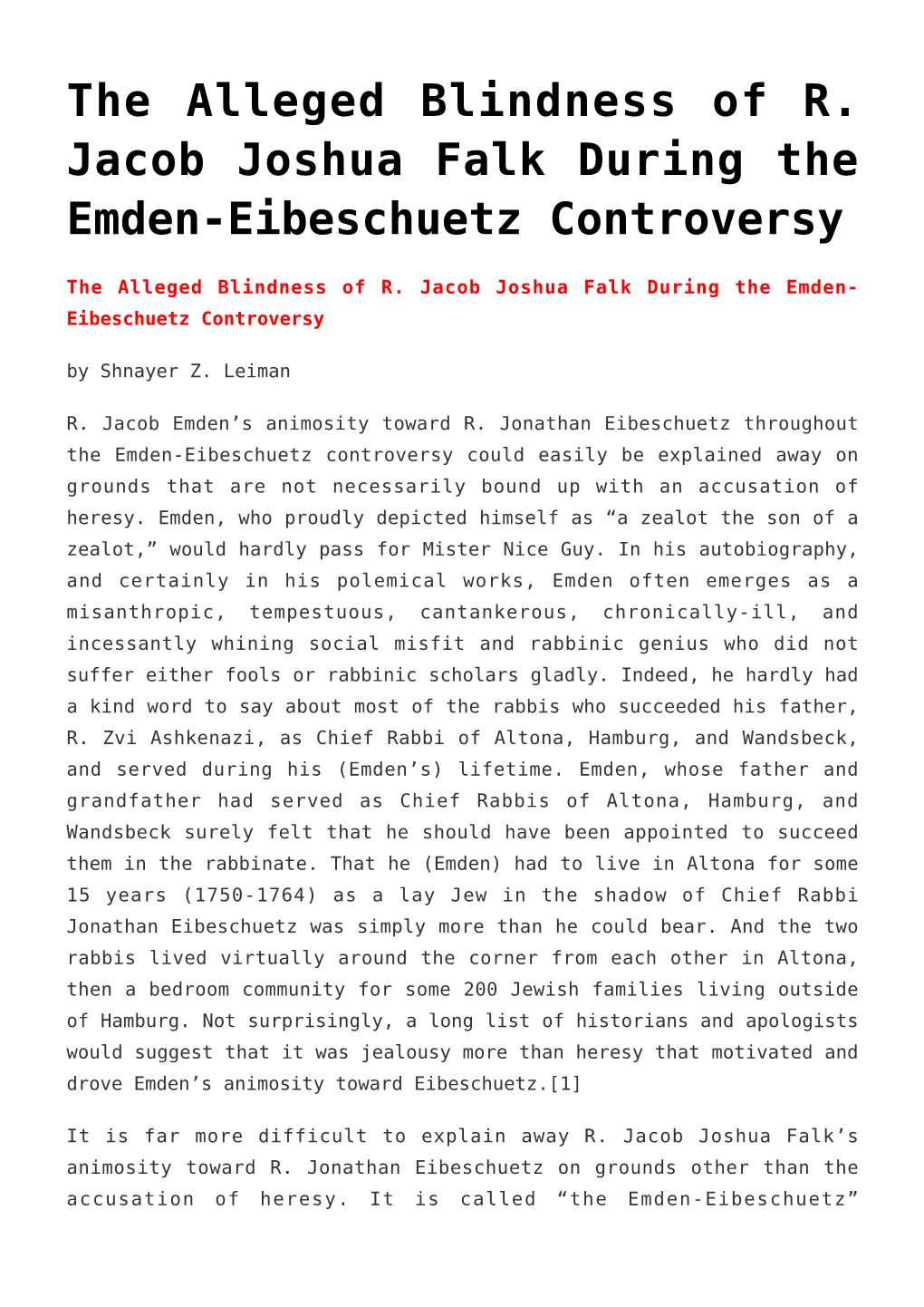 The Alleged Blindness of R. Jacob Joshua Falk During the Emden-Eibeschuetz Controversy