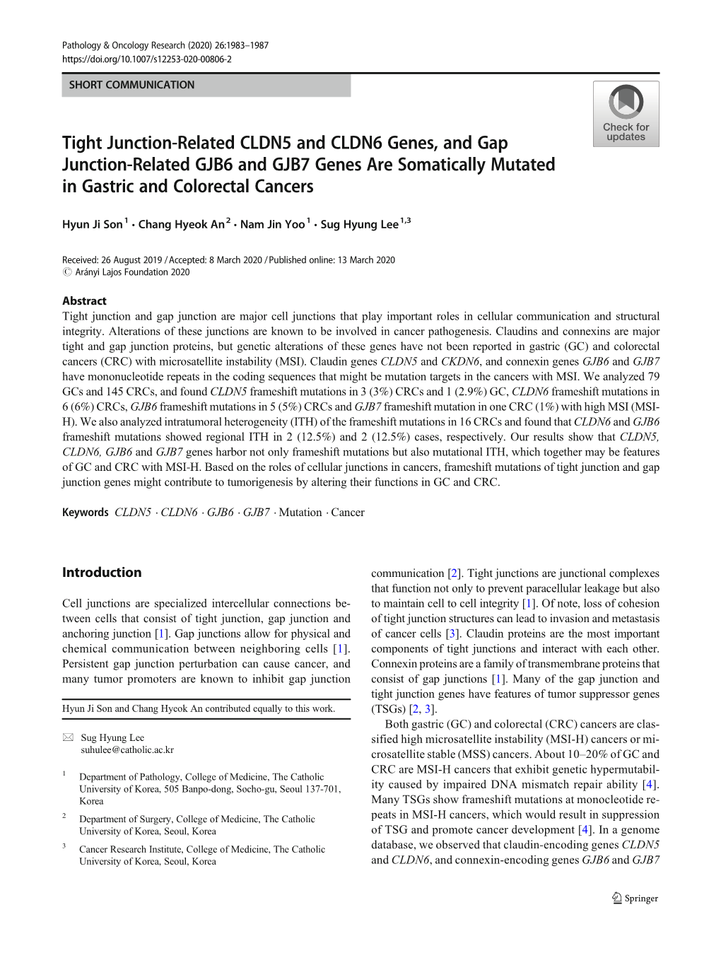 Tight Junction-Related CLDN5 and CLDN6 Genes, and Gap Junction-Related GJB6 and GJB7 Genes Are Somatically Mutated in Gastric and Colorectal Cancers