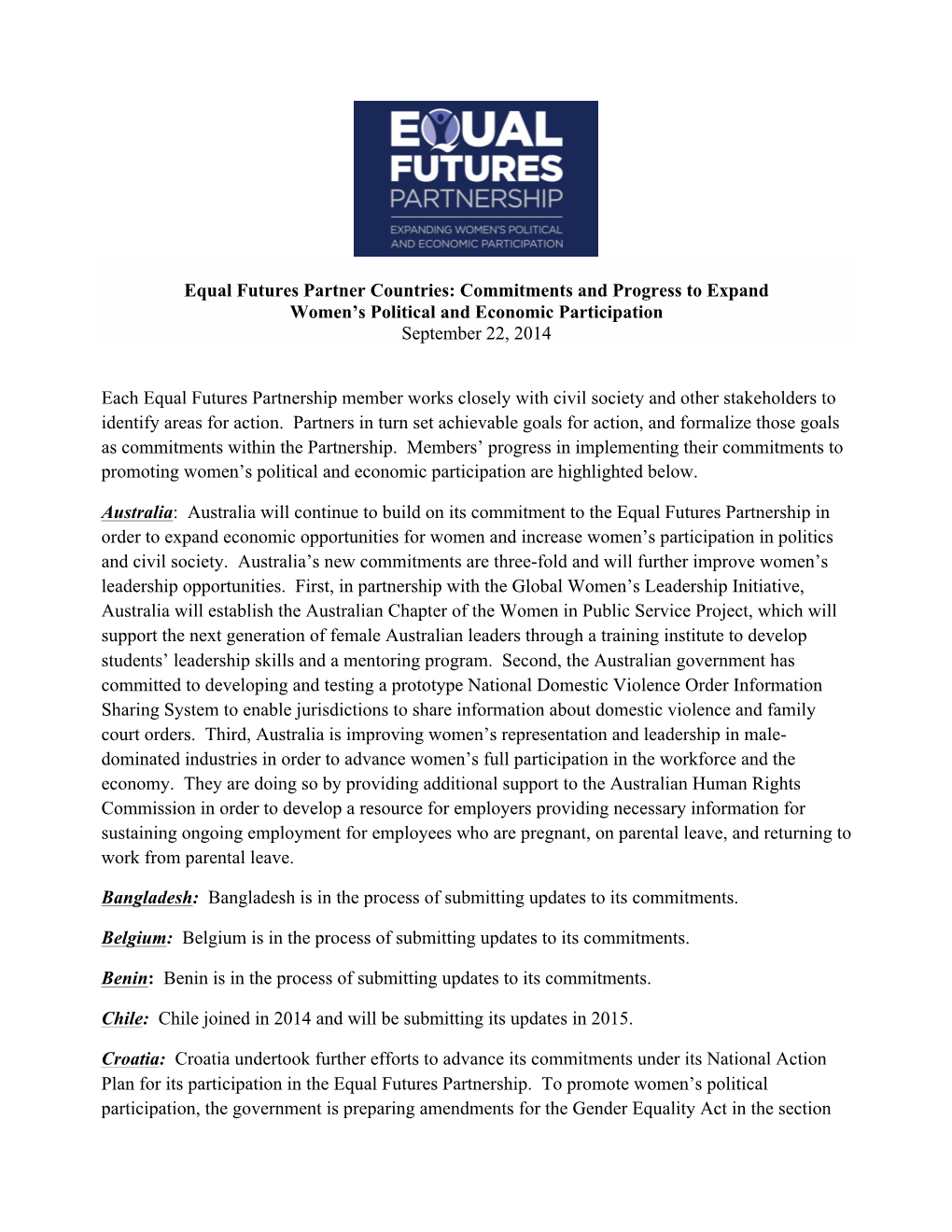 Equal Futures Partner Countries: Commitments and Progress to Expand Women’S Political and Economic Participation September 22, 2014