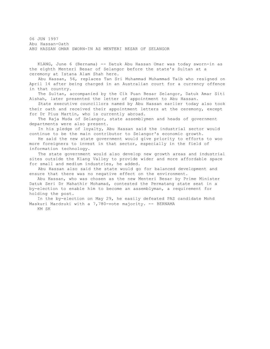 ABU HASSAN OMAR SWORN-IN AS MENTERI BESAR of SELANGOR (Bernama 06/06/1997)
