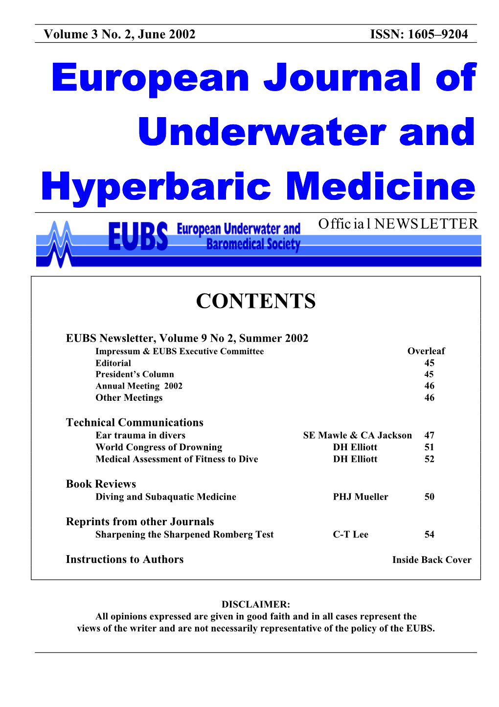 European Journal of Underwater and Hyperbaric Medicine Official NEWSLETTER