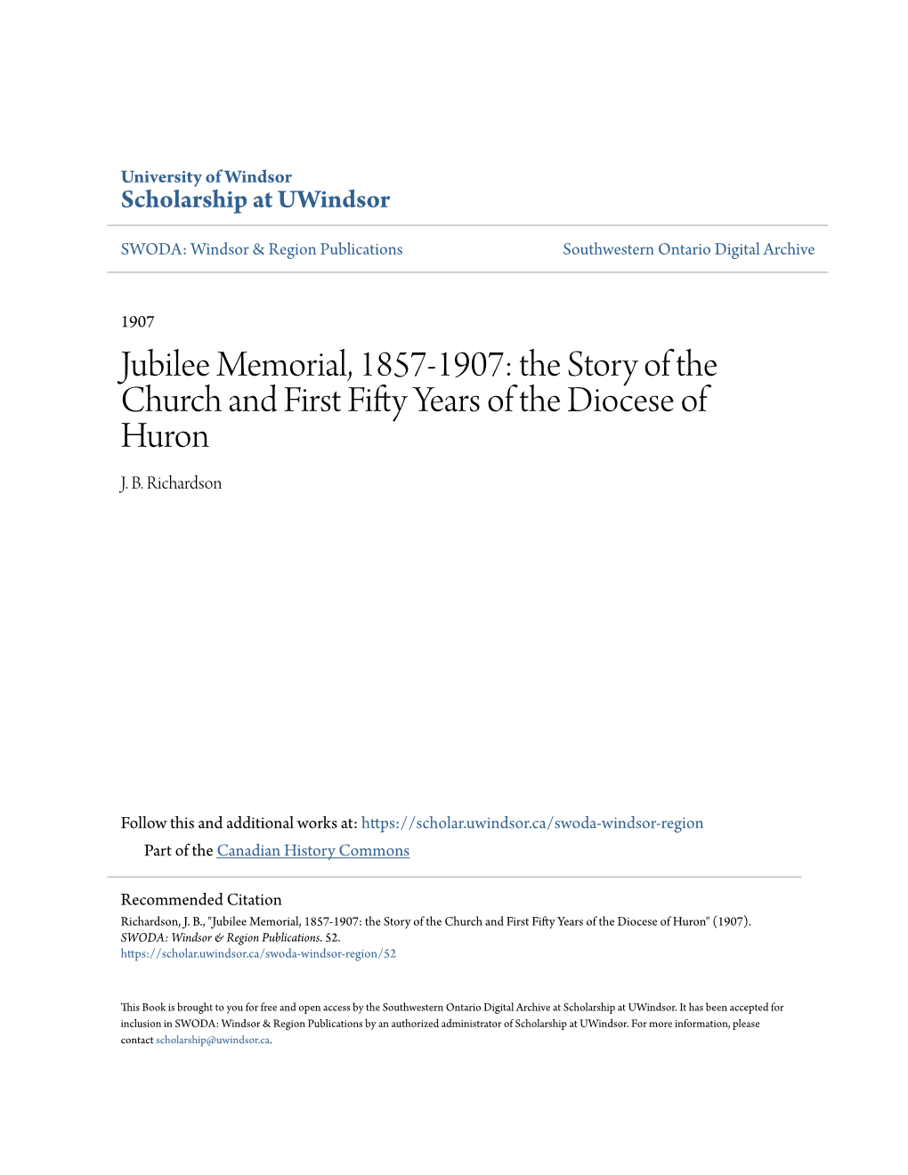 Jubilee Memorial, 1857-1907: the Story of the Church and First Fifty Years of the Diocese of Huron J