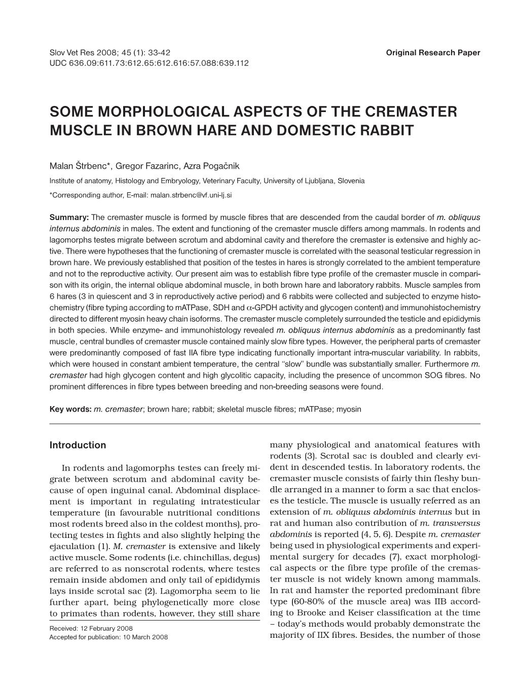 Some Morphological Aspects of the Cremaster Muscle in Brown Hare and Domestic Rabbit