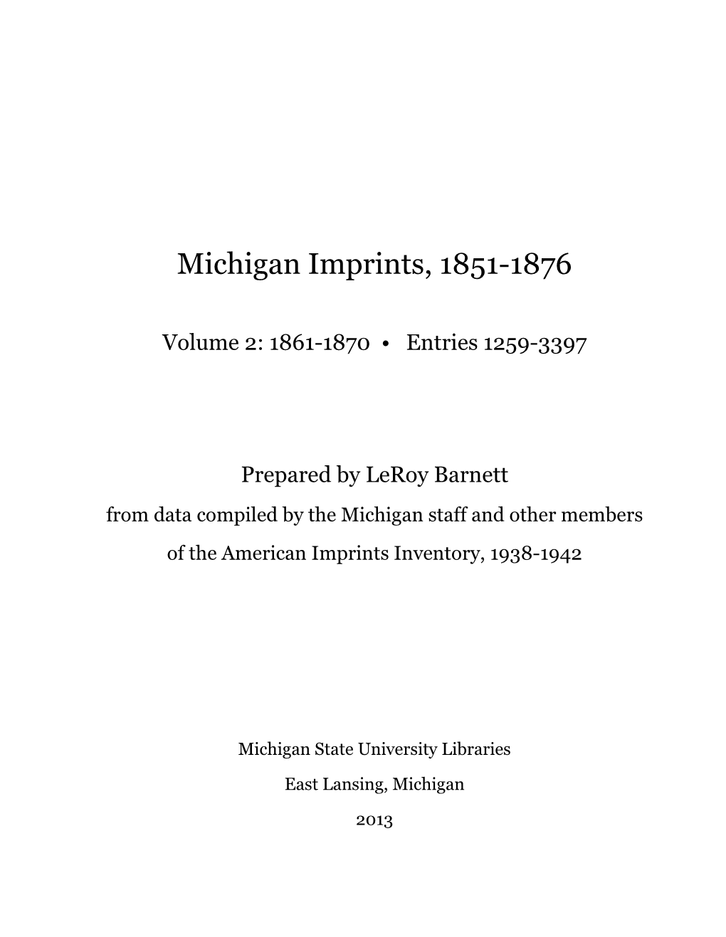 Michigan Imprints, 1851-1876