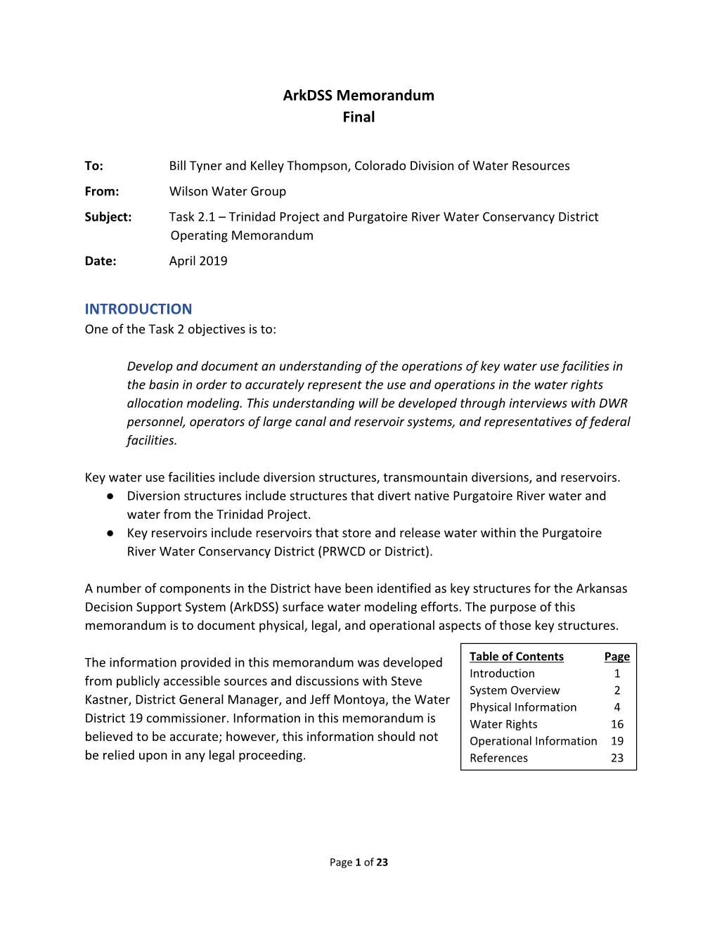 Trinidad Project and Purgatoire River Water Conservancy District Operating Memorandum Date: April 2019