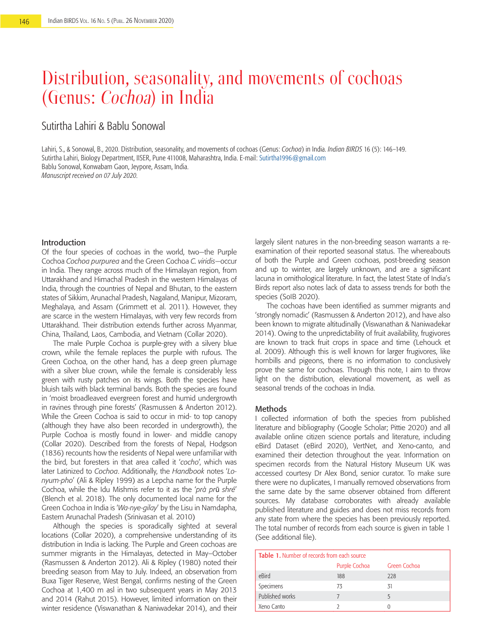 Genus: Cochoa) in India