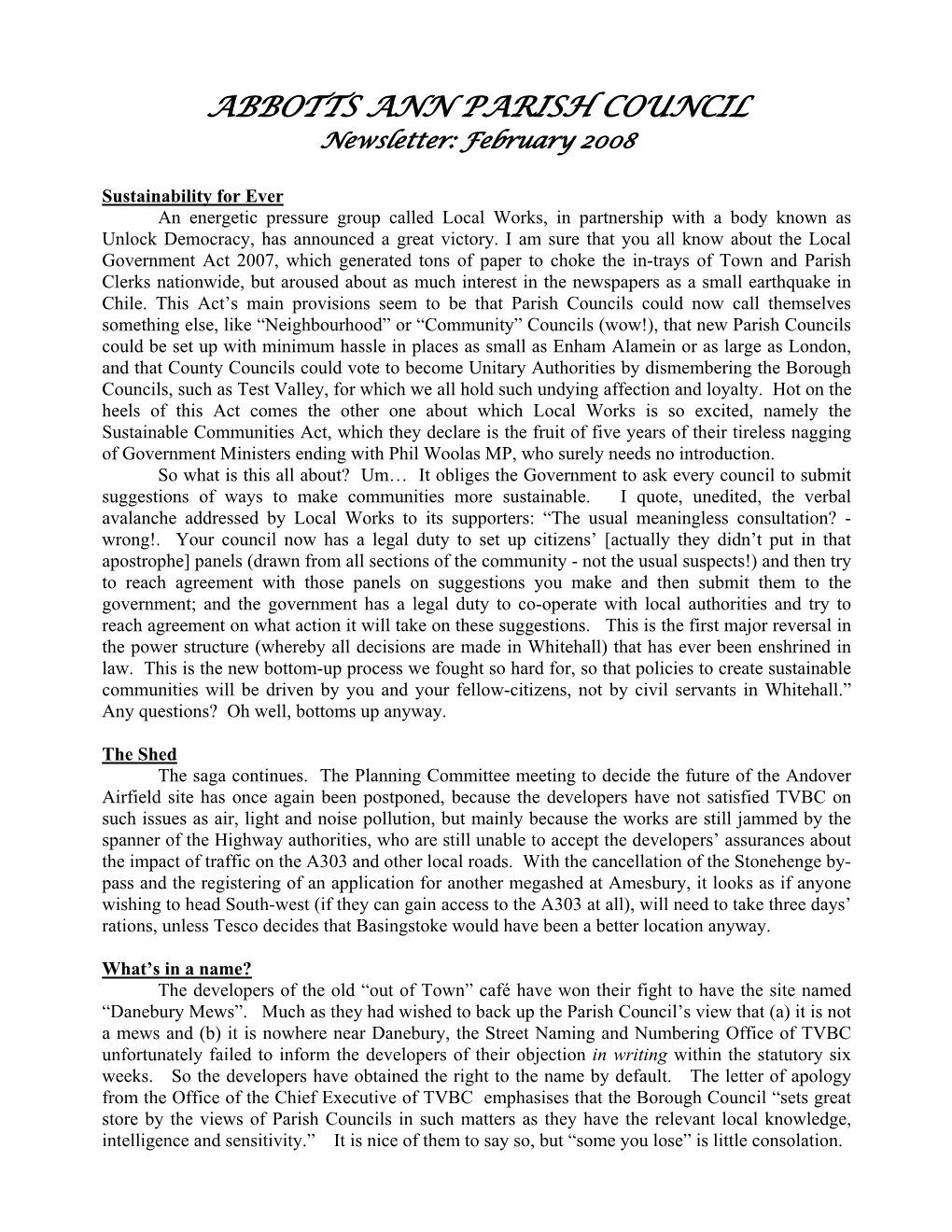 ABBOTTS ANN PARISH COUNCIL Newsletter: February 2008