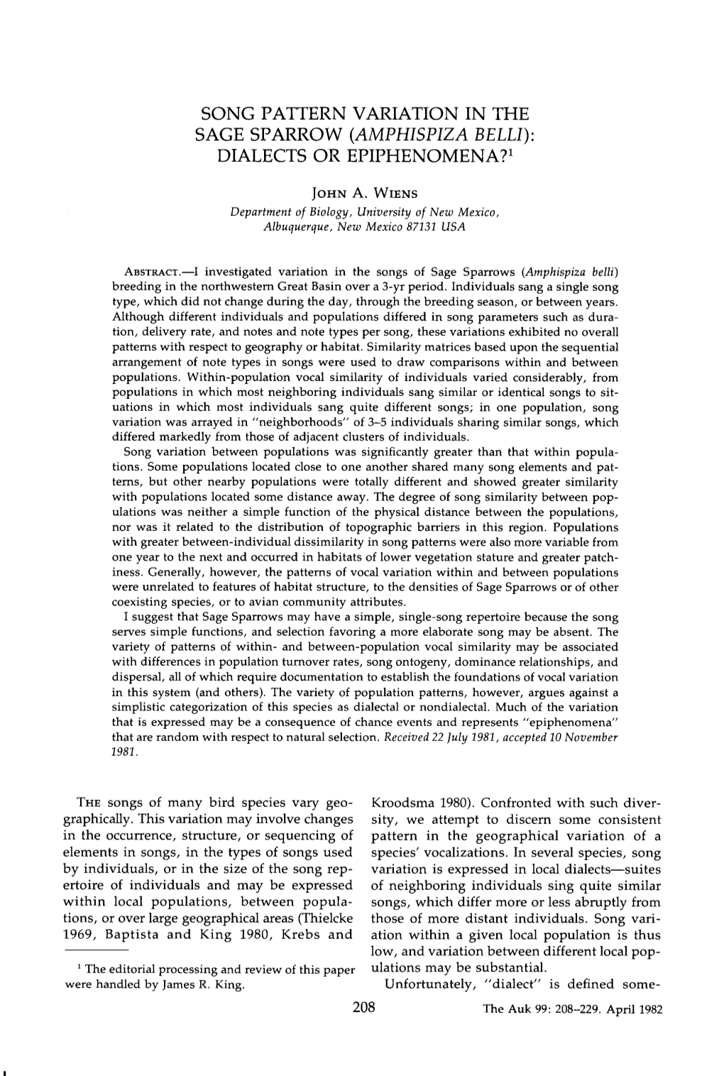 Song Pattern Variation in the Sage Sparrow (Amphispiza Belli): Dialects Or Epiphenomena?