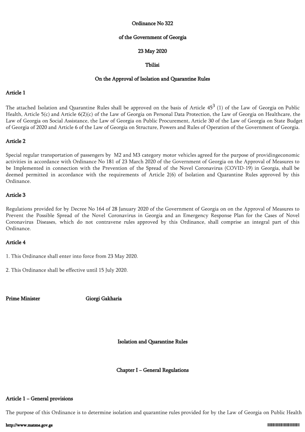 Ordinance No 322 of the Government of Georgia 23 May 2020 Tbilisi On