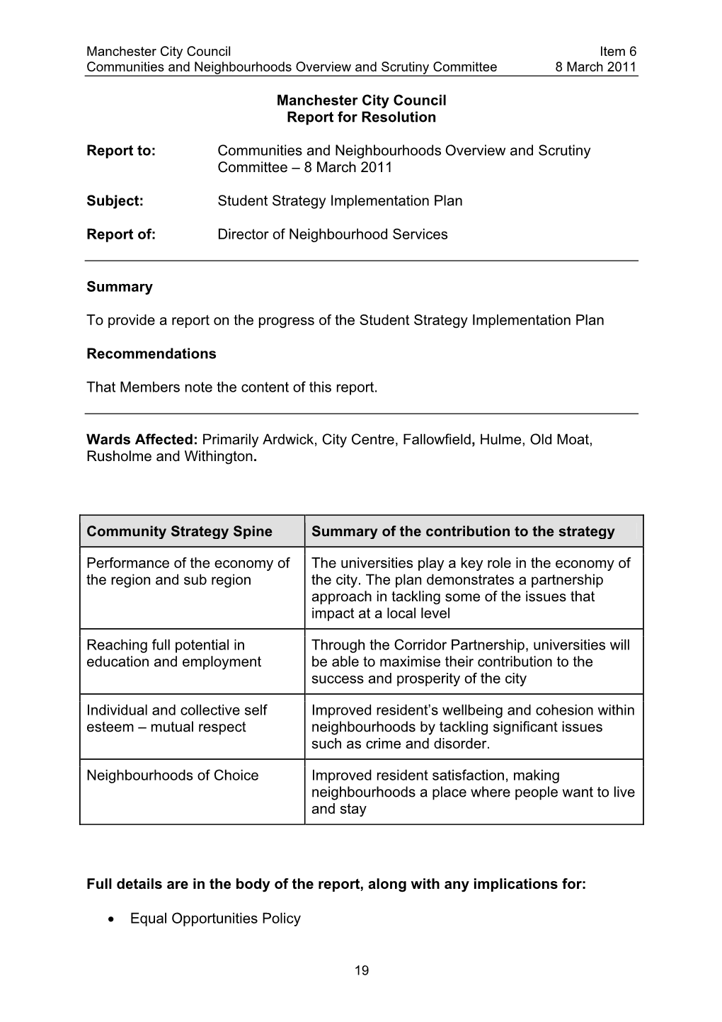 Report on the Student Strategy Implementation Plan to Communities and Neighbourhoods Overview and Scrutiny Committee on 8 March