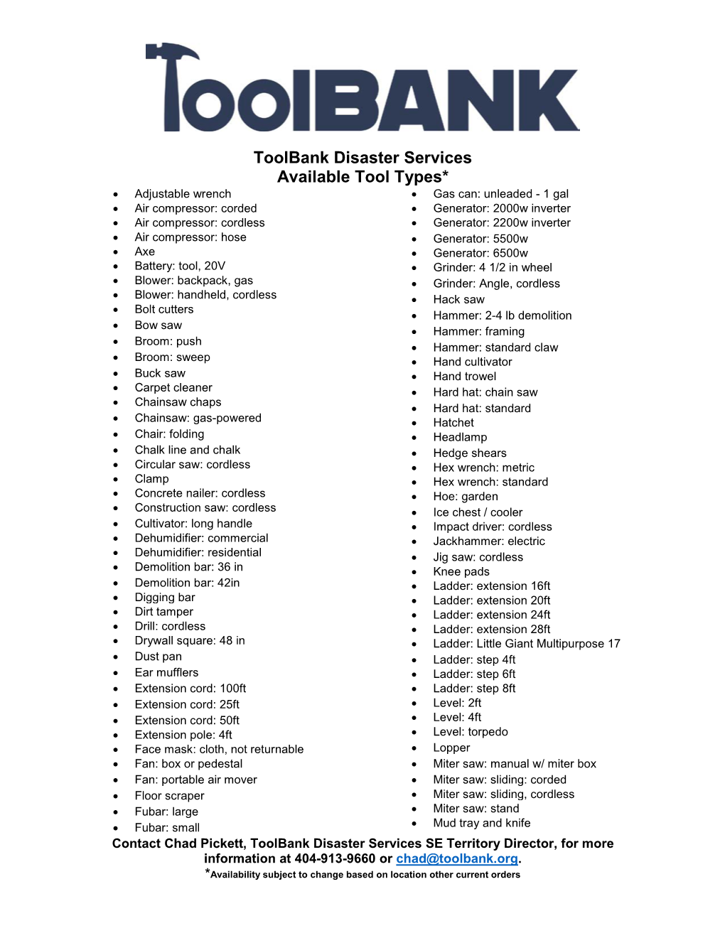 Toolbank Disaster Services Available Tool Types*