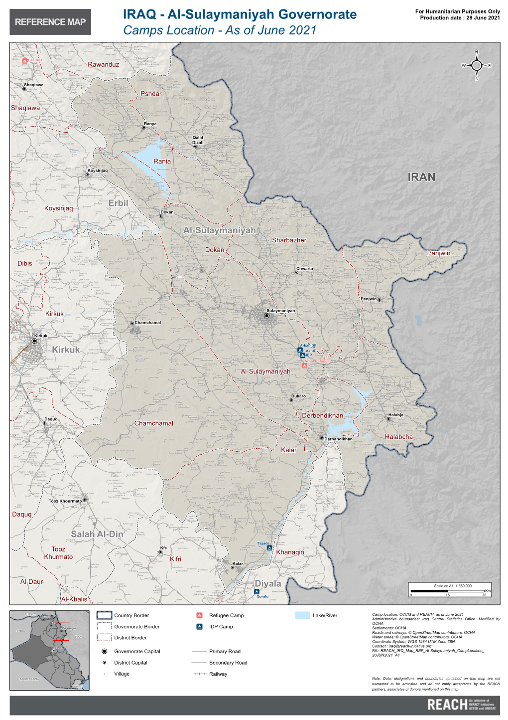 Al-Sulaymaniyah Governorate Production Date : 28 June 2021 REFERENCE MAP Camps Location - As of June 2021