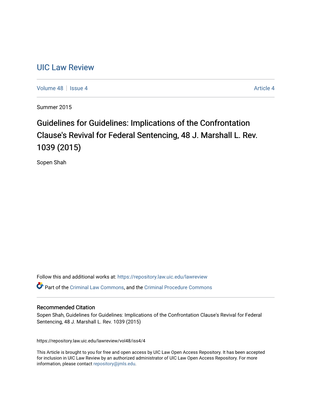 Implications of the Confrontation Clause's Revival for Federal Sentencing, 48 J