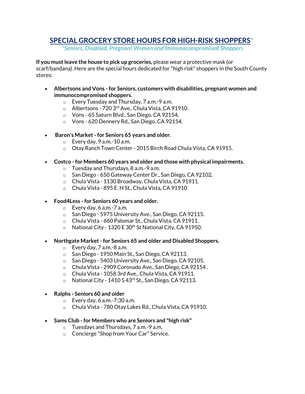 SPECIAL GROCERY STORE HOURS for HIGH-RISK SHOPPERS* *Seniors, Disabled, Pregnant Women and Immunocompromised Shoppers
