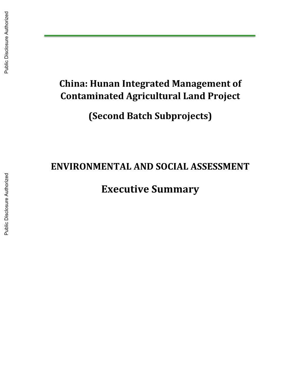 China: Hunan Integrated Management of Contaminated Agricultural Land Project