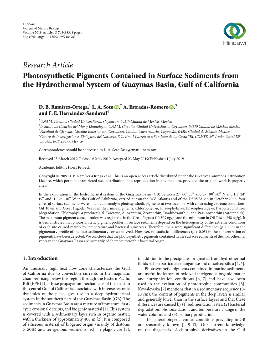 Research Article Photosynthetic Pigments Contained in Surface Sediments from the Hydrothermal System of Guaymas Basin, Gulf of California