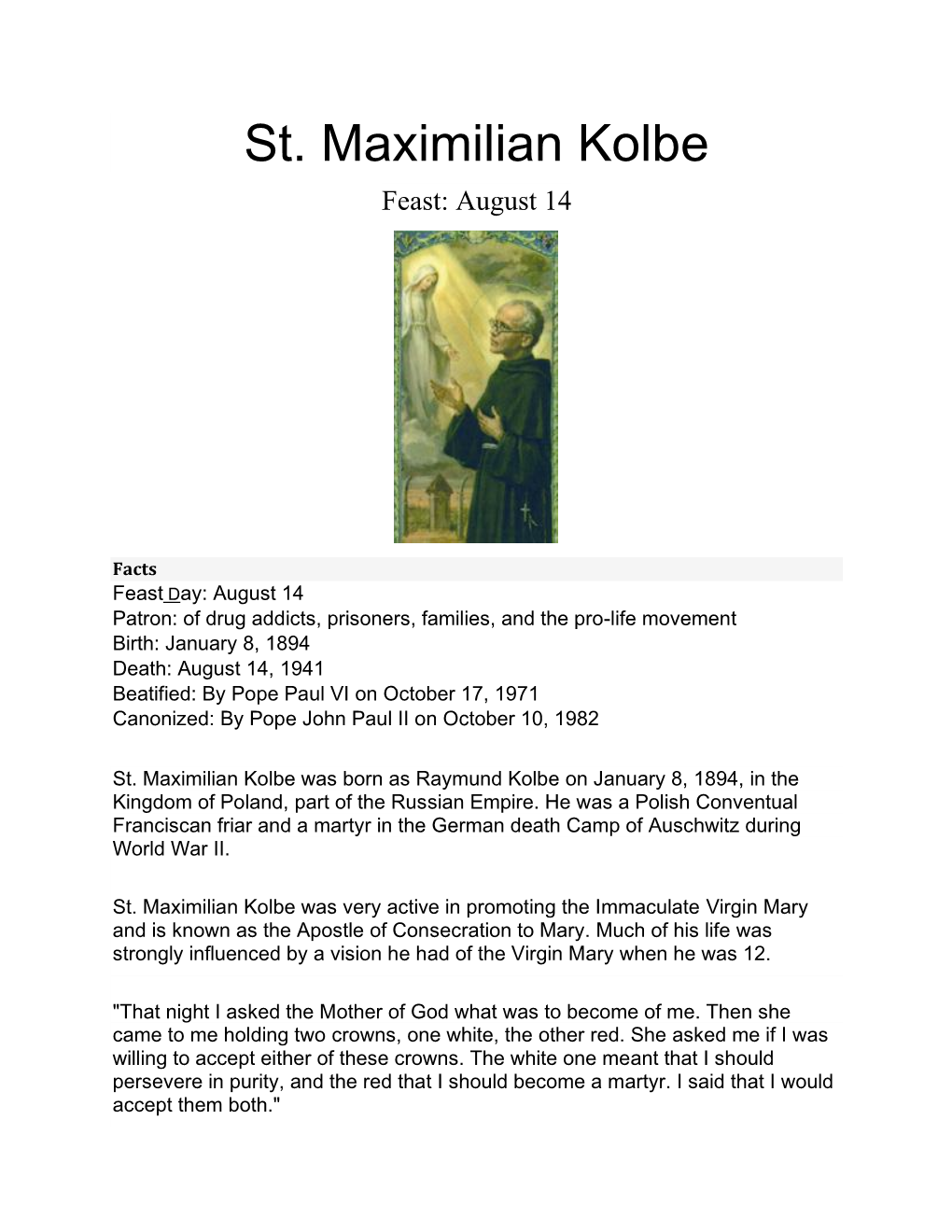 St. Maximilian Kolbe Feast: August 14