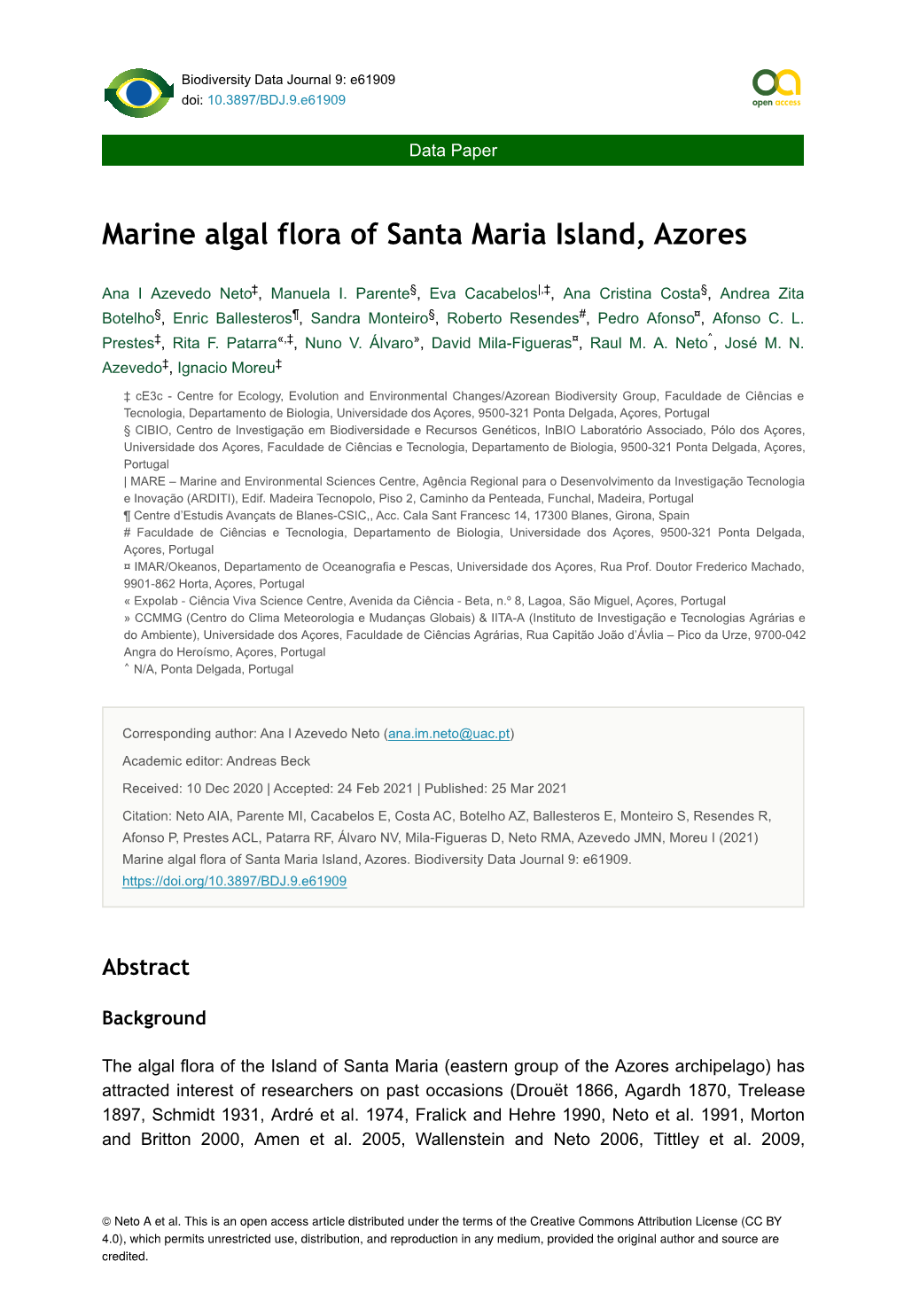 Marine Algal Flora of Santa Maria Island, Azores