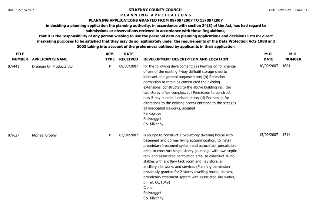 File Number Kilkenny County Council P L a N N I N G a P P L I C a T I O N S Planning Applications Granted from 09/09/2007 to 1