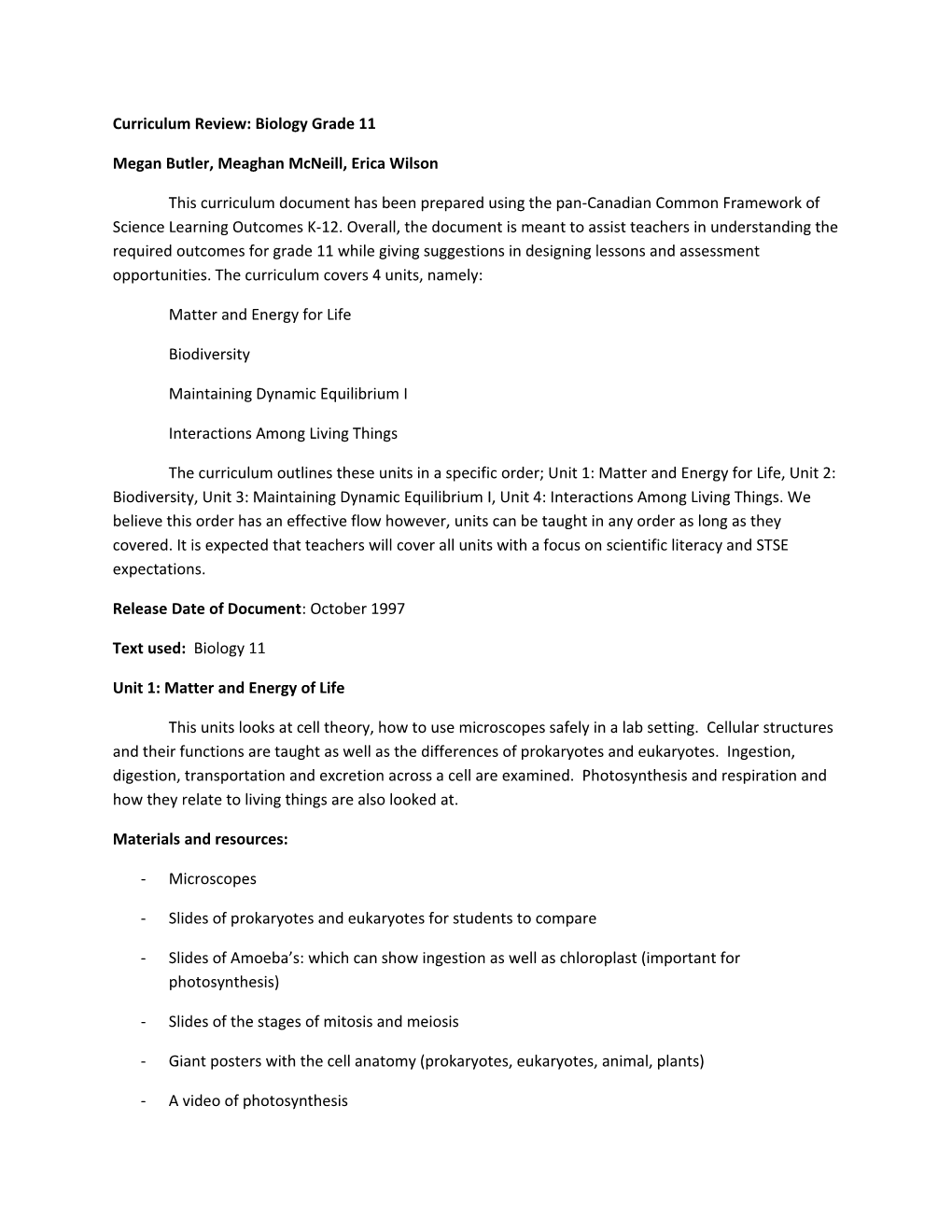 Curriculum Review: Biology Grade 11