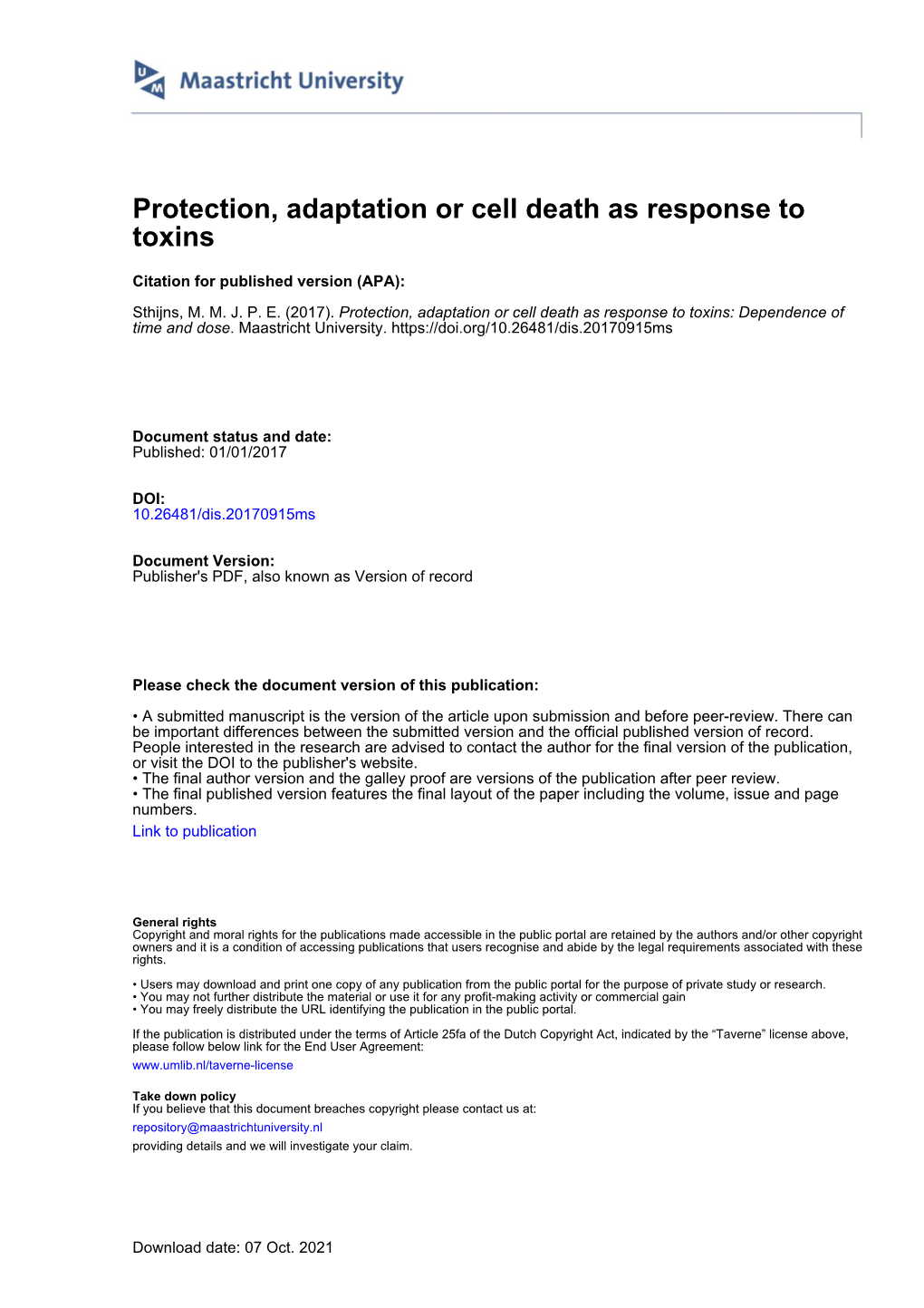 Protection, Adaptation Or Cell Death As Response to Toxins