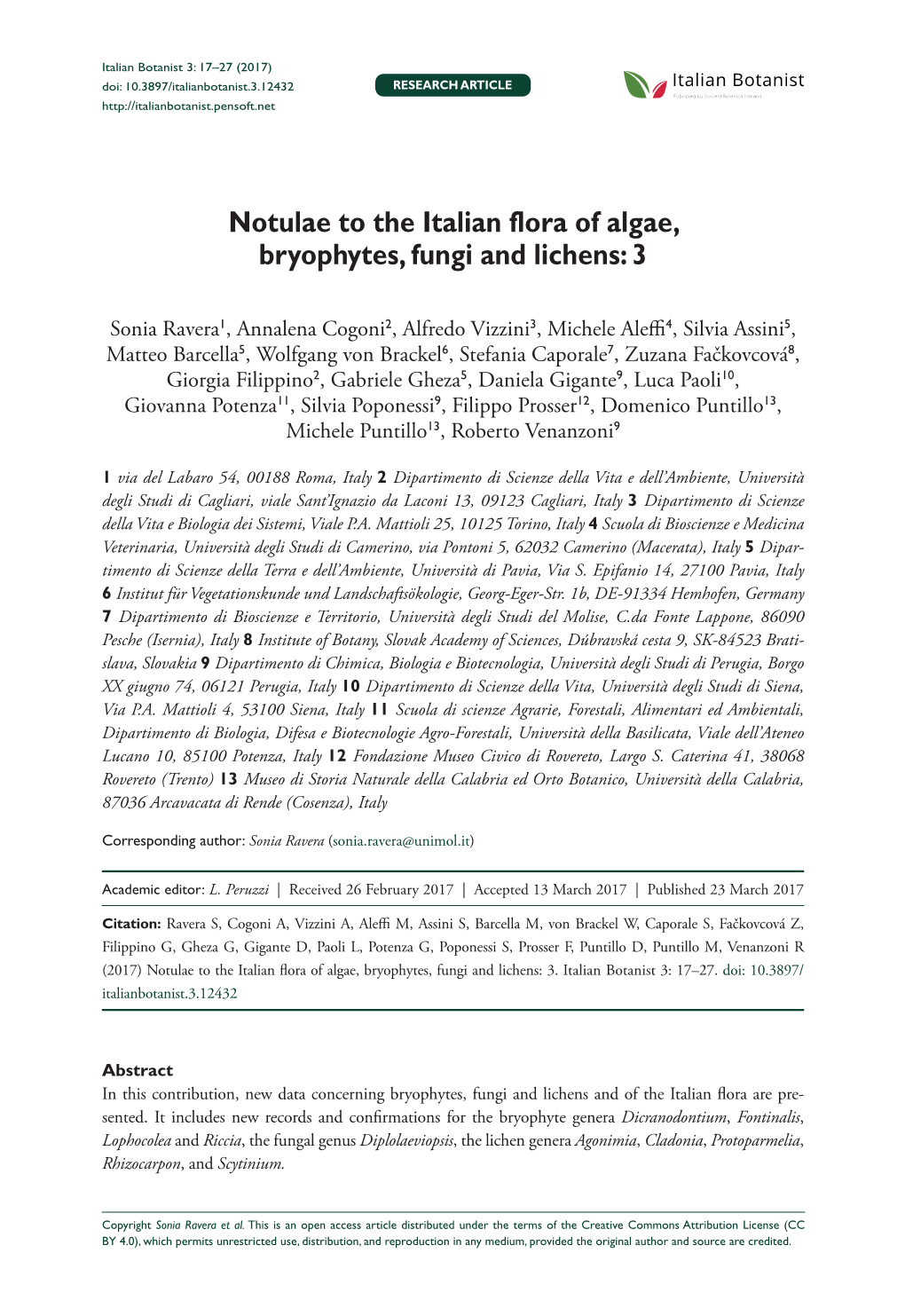 Notulae to the Italian Flora of Algae, Bryophytes, Fungi and Lichens: 3