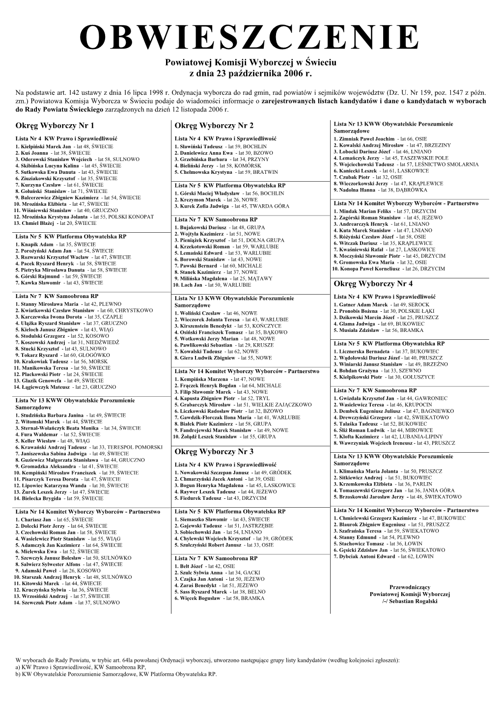 OBWIESZCZENIE Powiatowej Komisji Wyborczej W Świeciu Z Dnia 23 Pa Ździernika 2006 R