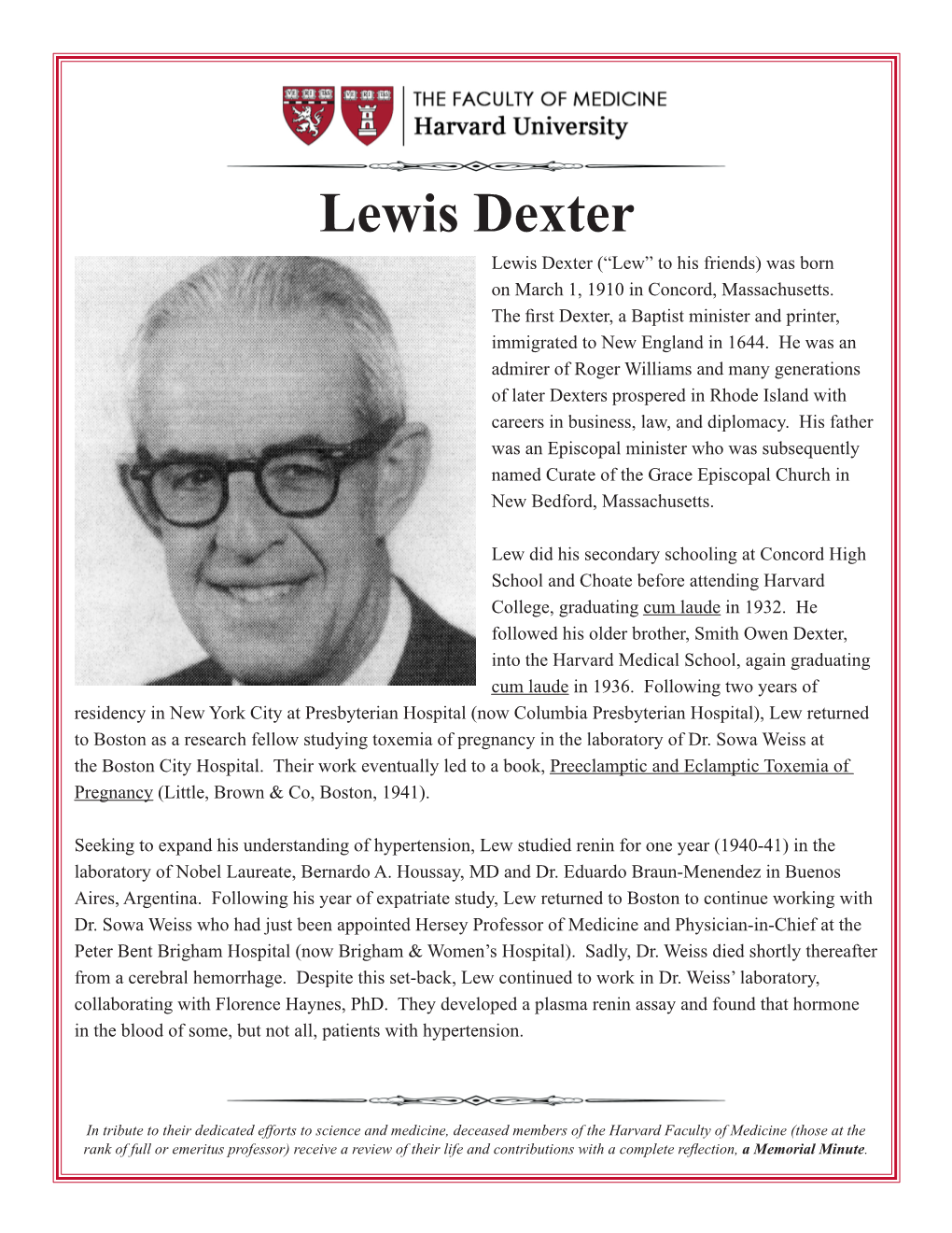Lewis Dexter Lewis Dexter (“Lew” to His Friends) Was Born on March 1, 1910 in Concord, Massachusetts