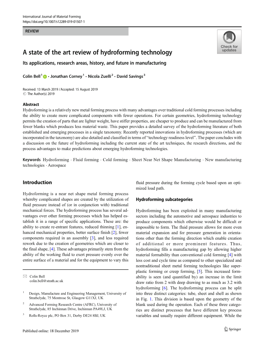 A State of the Art Review of Hydroforming Technology Its Applications, Research Areas, History, and Future in Manufacturing