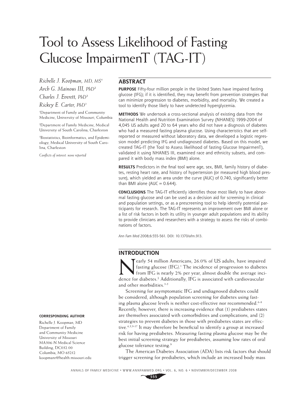 Tool to Assess Likelihood of Fasting Glucose Impairment (TAG-IT)