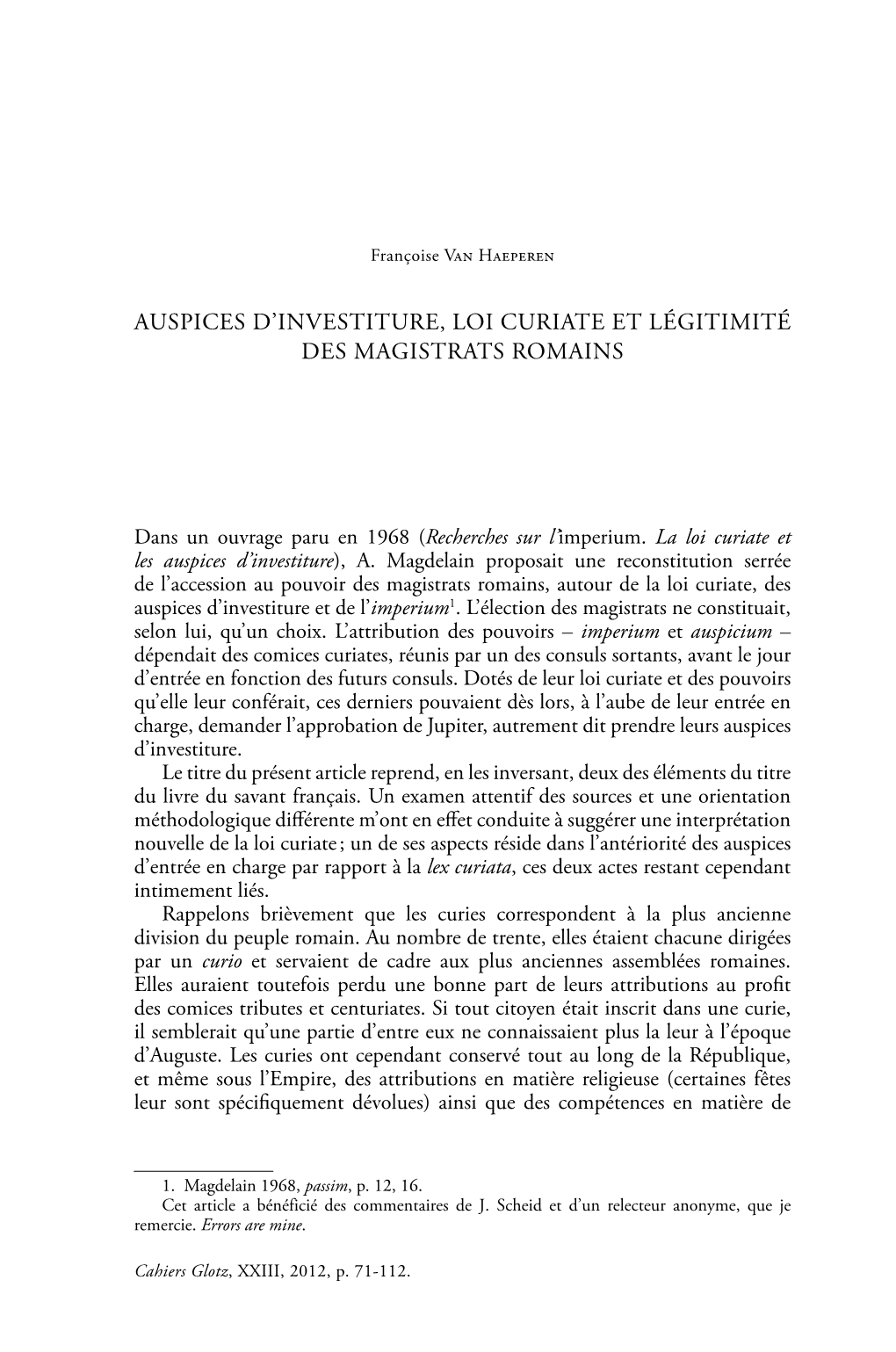 Auspices D'investiture, Loi Curiate Et Légitimité Des