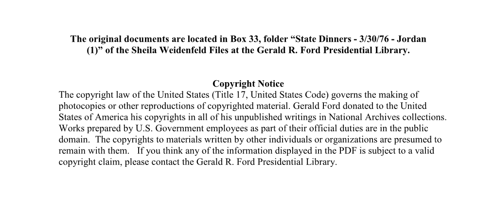 State Dinners - 3/30/76 - Jordan (1)” of the Sheila Weidenfeld Files at the Gerald R