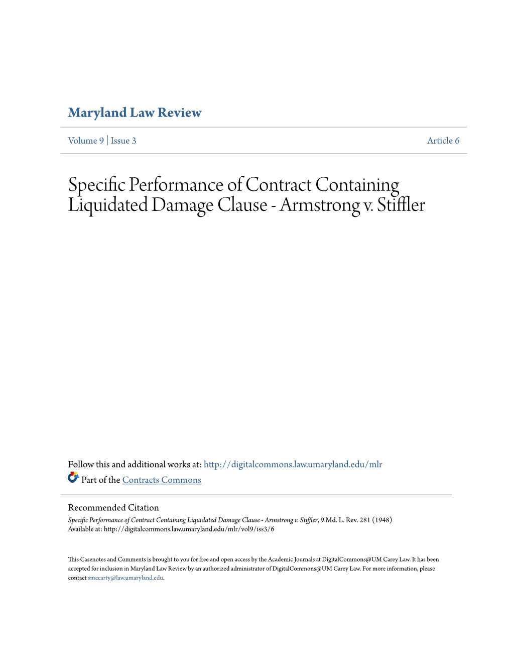 SPECIFIC PERFORMANCE of CONTRACT CONTAINING LIQUIDATED DAMAGE CLAUSE Armstrong V